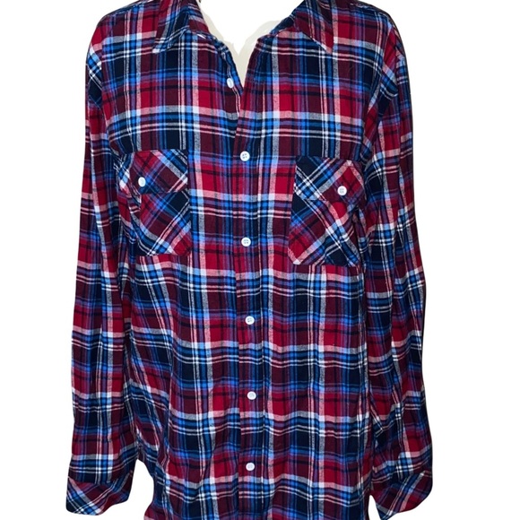 STANDARD ISSUE NYC Men’s Red Blue White Plaid Cotton Flannel Button Down Shirt - Picture 2 of 9